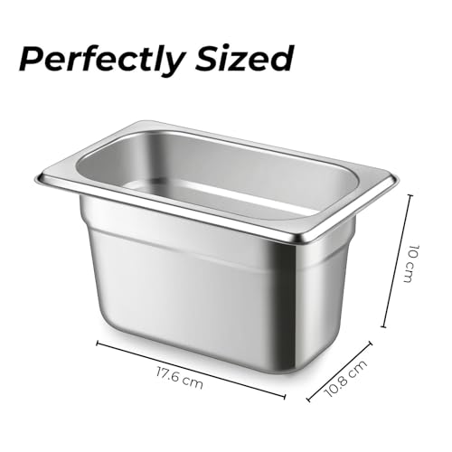 Image of HS Stainless Steel GN Pan Ninth Size 1 /9 100mm Depth 0.8L Capacity Anti-Jam Design 100% BIS Certified Raw Material European Standard Made in India 17.6 x 10.8 x 10 cm Professional Kitchen Grade