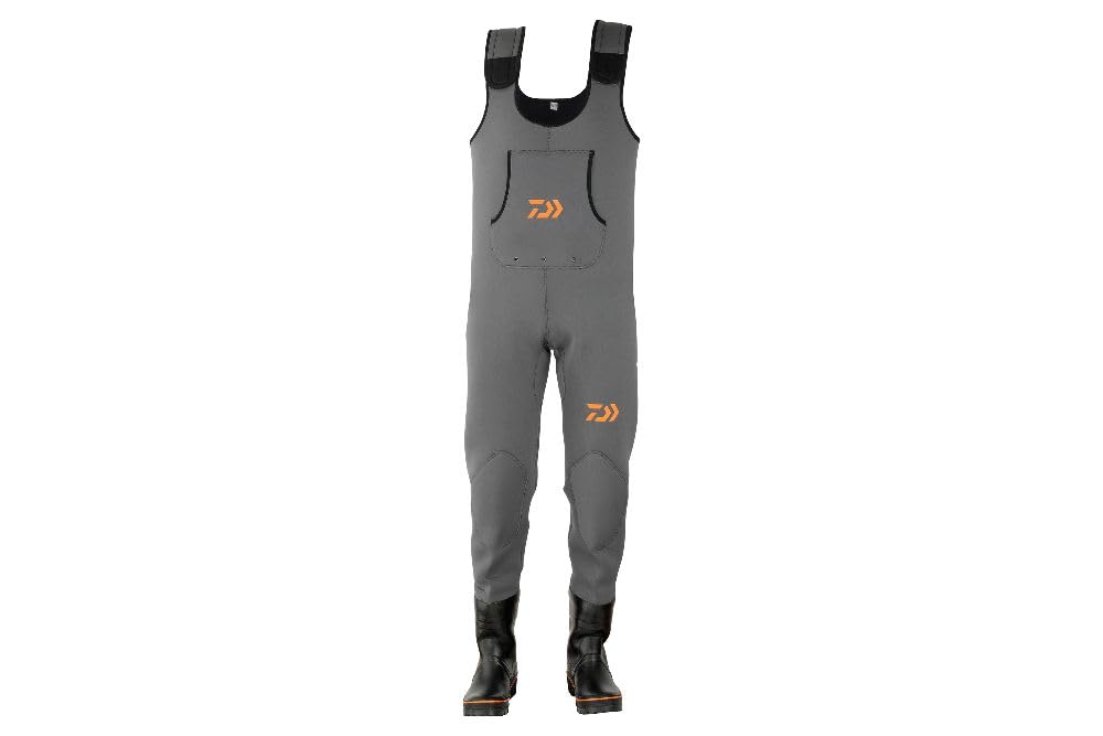 Daiwa D-VEC - Pantaloni da pesca in neoprene, 4 mm, per ginocchiere rinforzate, tasca sul petto, robusti stivali con gambo in acciaio, colore: Grigio