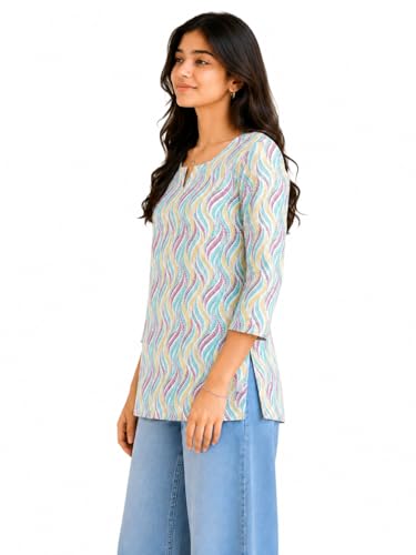 Image of Women Ikat Print Short Kurti Top,Cotton Blend Casual Ethnic Kurta for Women, Stylish Office Kurti Tunic,Lightweight Printed Short Kurti Kurti for V Nack Kurti
