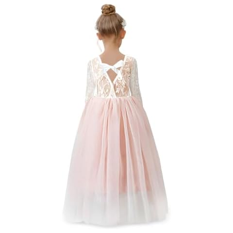 Tutu.kk Toddler Tutu Dresses Girls Longe Sleeve A Line Lace Backless Straight Tulle Party Flower Girl Dress Pink 4-5T Cover
