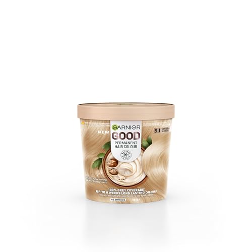 Garnier GOOD Permanent Hair Dye 9.1 Vanilla Blonde. Delivers 100% grey coverage and 8-week colour. No ammonia vegan shea butter formula for vibrant luminous blonde on all hair types.