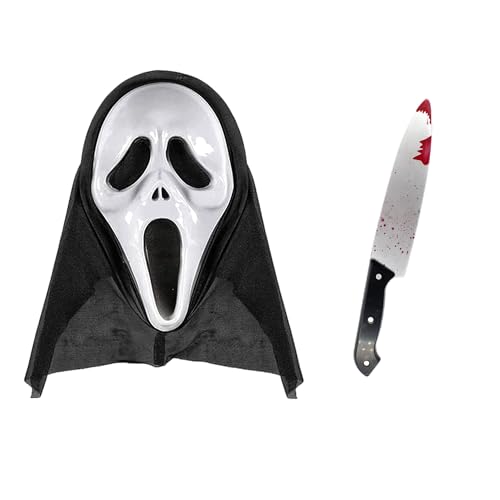 Carnavalife Máscara de grito de Halloween com faca, Scream Mask with knife, cara de fantasma assustadora fantasia de cosplay com faca de Scream de Halloween, carnaval