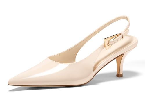 Coutgo Womens Slingback Heels Kitten Low Heel Dress Shoes Closed Pointed Toe Buckle Pumps Work Wedding Shoes