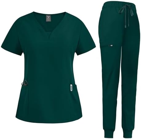 niaahinn Scrub Suit Set for Women Modern V-neck Top & Tapered Leg Jogger Pants with Drawstring Medical Nursing Uniforms Set