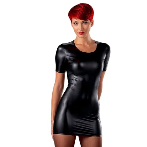 Rubberfashion Wetlook Kleid - figurbetontes Minikleid - Kurze Ärmel und Rund Hals Ausschnitt - Damen Kleid elegant - als Abendmode und Party Outfit...