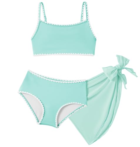 Arshiner Mädchen Bikini Set 3-teilig Kinder Bikini mit Sport Top High-Waist Bikinihose Wickelrock Schnelltrocknend Elastisch Sommer Bademode für Strand Pool 9–10 Jahre