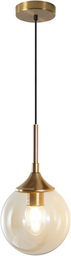 KCO Lighting Mid Century Modern Pendant Chandelier 1-Light Gold Glass Globe Pendant Light Brushed Brass Pendant Light Large Kitchen Pendant Lighting Over Island (Amber)