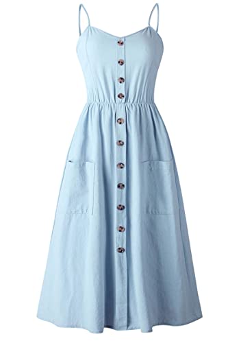 Image of YMING Womens Summer Spaghetti Strap Dresses Button Down Floral Sundress High Waist Swing Midi Dress with Pockets