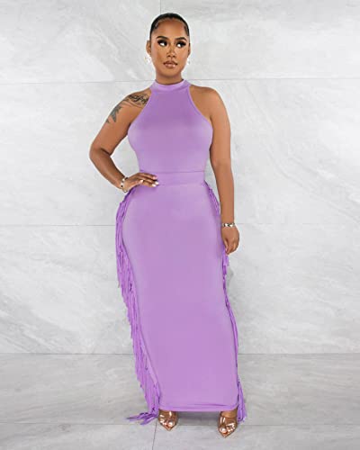 Image of YUEWOO 2 Piece Outfits for Women Sexy Crop Top Ruched Bodycon Maxi Dresses Fringe Skirt Sets Night Club Jumpsuits