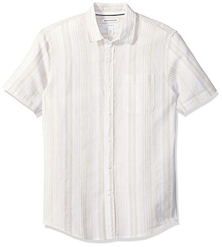 Amazon Essentials Men's Slim-Fit Short-Sleeve Stripe Linen Shirt, Natural, X-Large