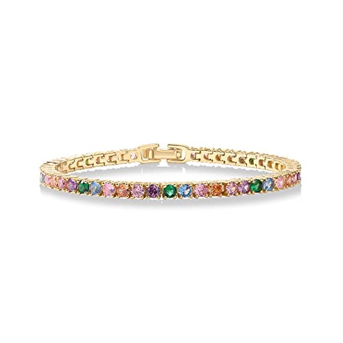 PAVOI 14K Gold Plated 3mm Multi Colored CZ Tennis Bracelet | Vibrant Cubic Zirconia Bracelet for Women | Size 6.5-7.5 Inch