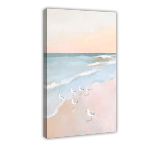 Toile mouette et paysage marin pastel, idée cadeau décoration maison