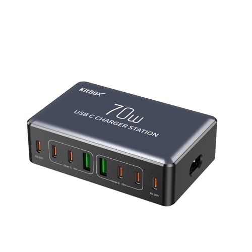 USB Charger Phone Charging Hub 70W 8-Port Multi USB-C Charging Station PD Fast Charger UK Plug Mains Wall Charger for iPhone iPad Samsung Airpods E-book reader etc