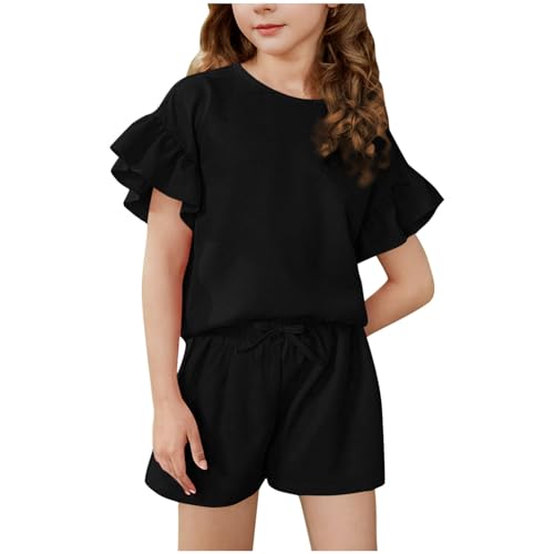 Conjunto deportivo de 2 piezas con volantes y manga corta y cuello redondo y pantalones cortos con cordón para niñas de 4 a 15 años, Negro, 14 años