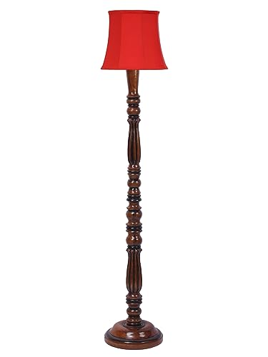 Image of Cylindrical Drum Floor Lamp with Wooden Base - Height 57 Inches, Red | Modern Standing Lamp for Home, Living Room, Bedroom & Office | Elegant Lighting Decor | Cotton