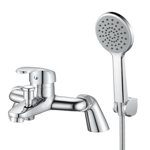 Rehomthy Mitigeur de baignoire avec pommeau de douche et tuyau - Moderne - Rond - Monobloc - Avec fixation de douche - Chromé - Centre de 180 mm