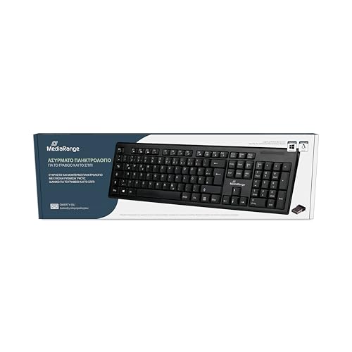 MediaRange Teclado inalámbrico inalámbrico con 105 Teclas, disposición QWERTY (GR), Juego de Teclado para PC con Receptor Nano USB 2.0 inalámbrico, Ancho de emisión de 10 m, Resistente a Salpicaduras