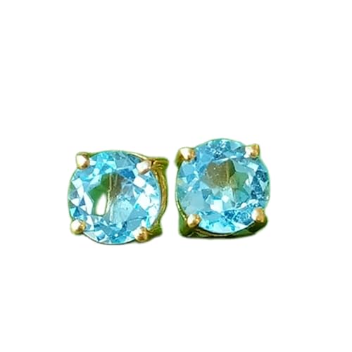 Puces d'oreilles en topaze bleue naturelle ronde et argent sterling 925 doré
