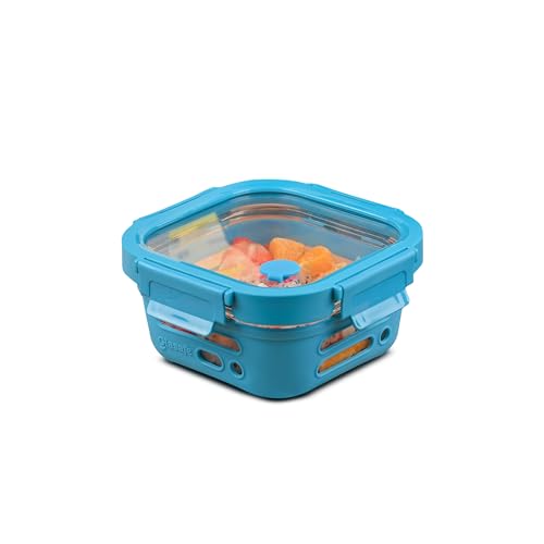 Image of GLASAFE Borosilicate Glass Lunch Box for Office w /t Air-Tight lid & Protective Silicone Sleeve | Tiffin Box for Men & Woman | Microwave & Dishwasher Safe | Leakproof Design | Set of 1-520ml,Blue