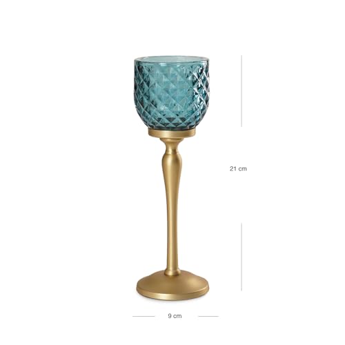 Image of Pure Home Teal Diamond Cut Hurricane - Small | Size: 9X9X21CM | Premium Hurricanes for Home Decor | Table Top & Shelf Decor Showpiece | Ideal for Diwali & Festive Gifting | Perfect for Living | Pack of 1