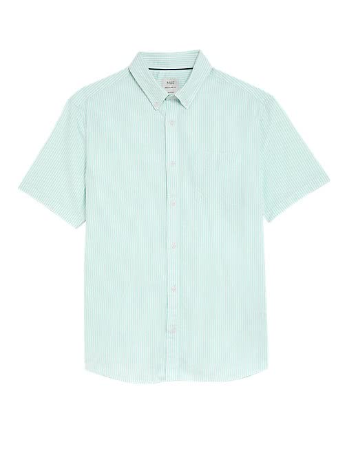 Image of Marks & Spencer Mens Striped Cotton Collared Neck Regular Fit Oxford Shirt