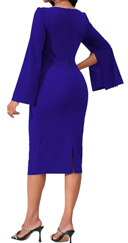 Image of Dresses for Women Elegant Long Sleeves Ruffles Pencil Knee Length Split Business Dress with Belt Zipper