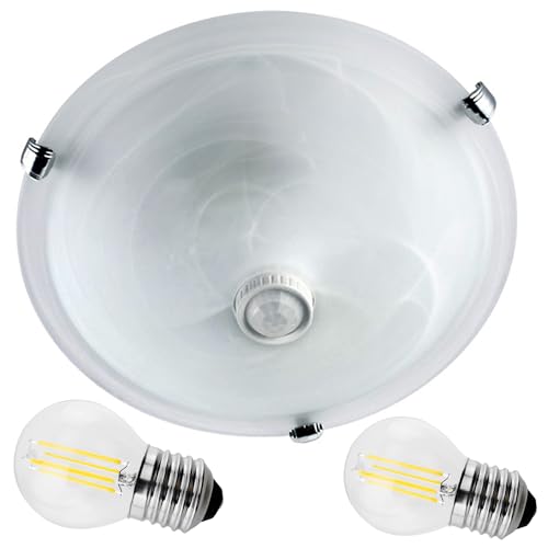 Maclean Plafoniera con sensore Rilevatore di movimento plafond, a soffitto, con sensore PIR (Plafoniera + 2 lampadine da 6W)