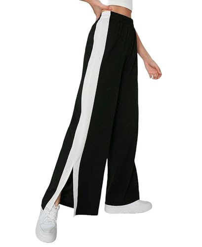 Image of Women's Wide Leg Track Pants with Side Stripe, Black and White, Elastic Waist