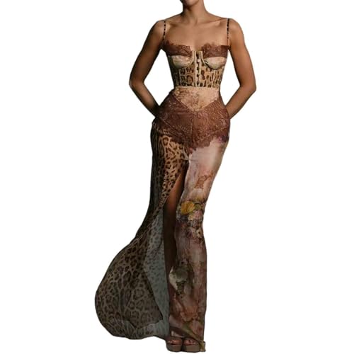 Women's Sexy Slim fit Chiffon Dress with Leopard Print Patchwork lace Slit Suspender Skirt and Floor Length Skirt