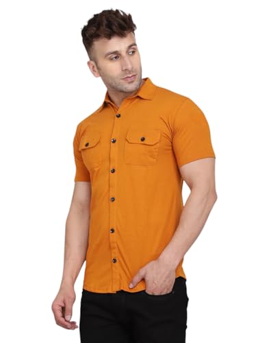 Image of Men's Half Sleeve Shirt - Spread Collar Casual Shirt with Double Flap Pockets - Slim Fit Cotton Blend Button-Down