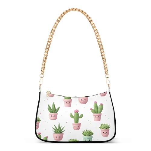 Cute Cartoon Succulents Pink Green Tote Handbags Womens Lady One Shoulder Bag Zipper Retro Formal Purse Hobo with Chain Strap