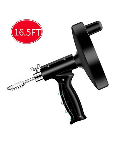 Black Drain Snake 16.5ft(5m),Gun Handle Plumbing Snake,Sewer Bathtub Drain Kitchen Sink Cleaner,Drain Auger
