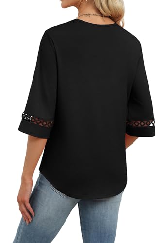 Image of WIHOLL Womens Tops Eyelet Lace V Neck 3 /4 Bell Sleeve Blouses Dressy Casual Work Shirt 2026 Summer Fall Fashion Clothing