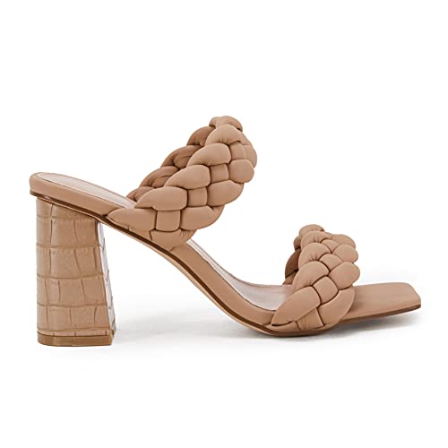 Syktkmx Womens Sandal, Braided Heeled Backless Square Open Toe Block Strappy Slip On Slide Shoes, Wide Widths #TOP1