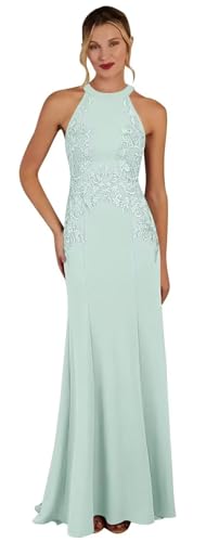 Image of KDTM Satin Lace Mother of The Bride Dresses Long Halter Sleeveless Formal Dresses for Women Wedding Guest