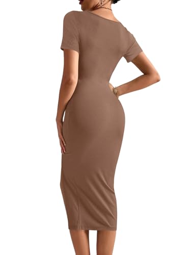 Image of Rooscier Women's Twist Cutout Waist Split Crewneck Short Sleeve Bodycon Midi Dress