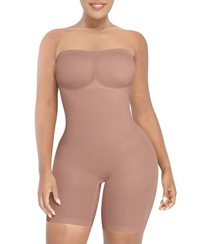 Image of SHAPELLX Women's Shapewear Bodysuits Tummy Control Butt Lifter Body Shaper Strapless Seamless Mid Thigh Jumpsuit Tops