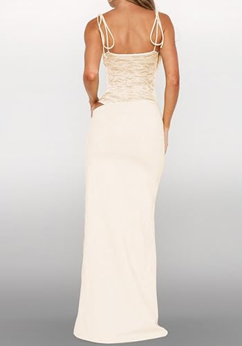 Image of Unybwonn Lace Maxi Dress Sexy Sheer Sleeveless Bodycon Mesh Long Dresses Cut Out Spaghetti Strap Wedding Guest Dress
