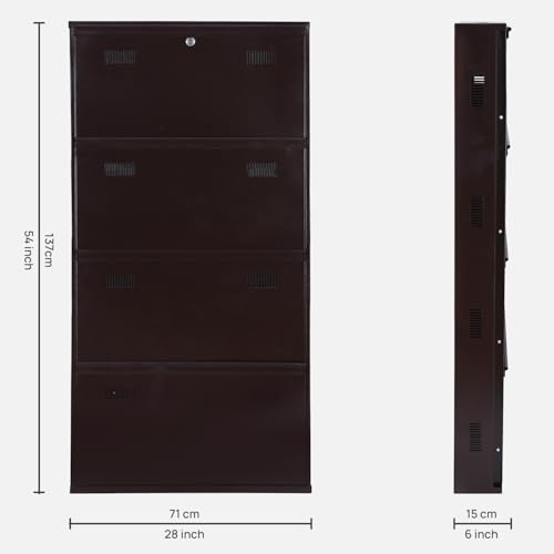 Image of Metal Shoe Rack Wall Mounted for Home with Central Locking | 4 Door 28 inch Wall Mounted Metal 12 Pair Shoe Rack Cabinet | Pre-Assembled Rack Shelves | 3 Year Warranty (Brown)
