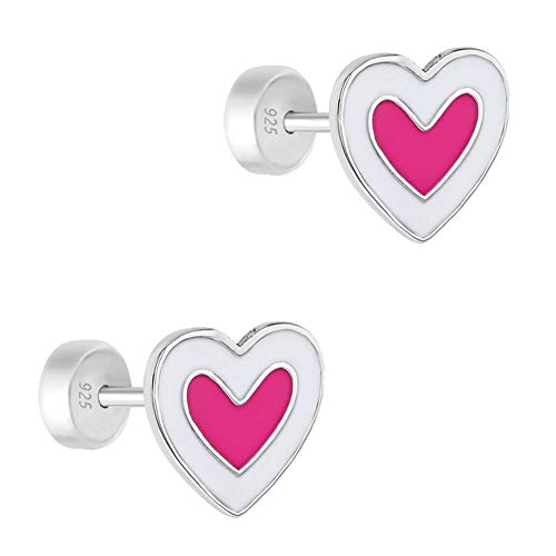 925 Sterling Silver Safety Back Stud Pink White Heart Earrings For Kids, Toddlers & Little Girls- Secure and Comfortable Adorable Heart-Shaped Girl Studs For Ultra Sensitive Ears2