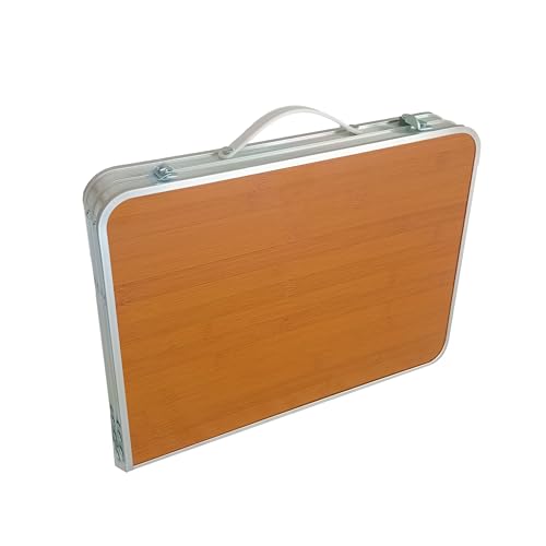 MONDII Mesa Auxiliar Plegable Pequeña, Mesita Portátil con Asa, Mesa Auxiliar Ligera de Aluminio Efecto Madera, Ideal Picnic, Playa, Jardín, Terraza y Autocaravana, Mesa Compacta Plegable 60x40x25 cm