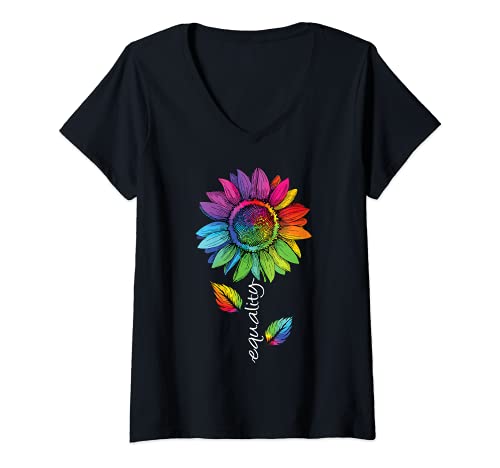 Femme LGBTQ Rainbow Sunflower Flower Gay Pride Equality Love T-Shirt avec Col en V