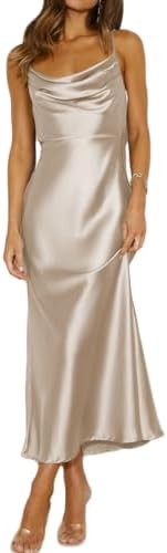 Summer Satin Spaghetti Strap Cowl Neck Backless Midi Dresses for ...