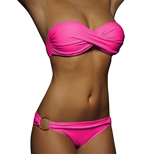 Women's Strapless Bandeau Bikini Set Push Up Padded Bandeau Bikini Sets for Women UK Sexy Halter Bikinis Top & String Bottom Backless Swimming Costume Swimwear for Summer Beach Hot Pink