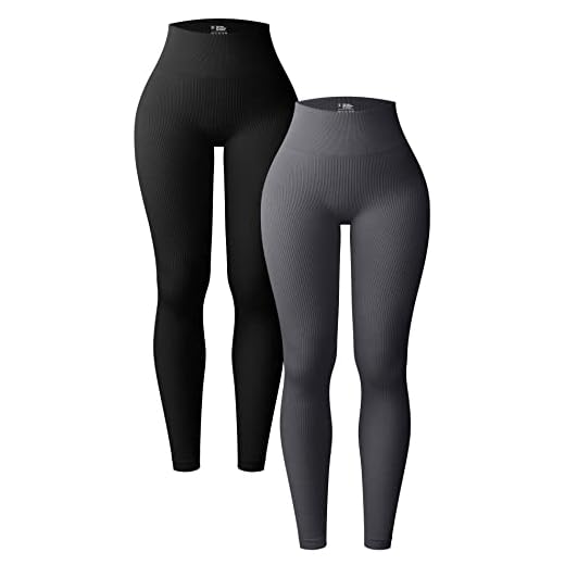 OQQ Women's 2 Piece Yoga Leggings Ribbed Seamless Workout High Waist Athletic Pants Black Darkgrey