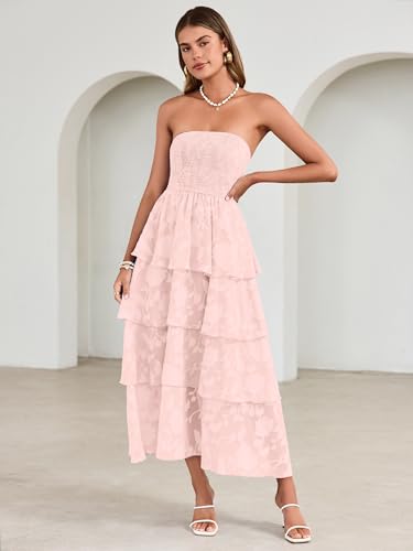 Simplee Womens Pink Wedding Guest Maxi Dress 2026 Strapless Boho Floral Spaghetti Strap High Waist Party Sexy Long Formal Layered Flowy Dress(Pink L) - Thumbnail 6