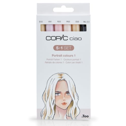 COPIC Ciao 5+1 Set "Portrait Colours 1", 5 Twin Marker mit einer mittelbreiten und einer Brush-Spitze, inkl. Multiliner Black 0,3 mm