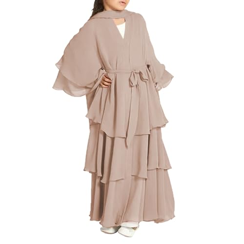 Girls Muslim Dress Open Front Cardigan Robe Three-layered Chiffon Kaftan 𝗜slamic Abaya Kimono Dubai Maxi Dress
