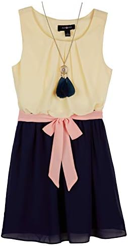 Amy Byer Girls' Sleeveless Blouson Dress, Yellow/Navy/Apricot, 7