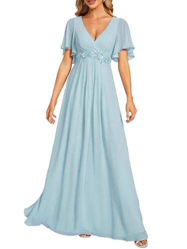 Image of Ever-Pretty Womens V Neck Applique Mother of the Bride Dresses Formal Dress | Chiffon, Short Sleeves, Ruched, A-Line, Bridesmaid Dresses, Formal Gown, Black Tie Dress